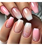 Coffin Press on Nails Short Fake Nails with Glitter Gradient Designs Pink Nails Press ons Cute Ac...