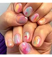 Short Press on Nails Square Fake Nails Colorful False Nails with Ombre Design Glue on Nails Gloss...