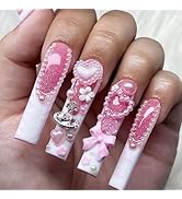 Extra Long Press on Nails Square Fake Nails White French Tip Nails Press ons Pink False Nails wit...