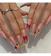 Long Square Press on Nails Leopard Print French Tip Fake Nails Acrylic Glossy False Nails with Re...