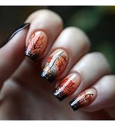 Maple Leaf Press on Nails 24Pcs Glossy Black French Medium Square False Nail Thanksgiving Press o...