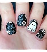 24 Pcs Halloween Press on Nails Short Square Fake Nails with Design Black Matte Acrylic Nails Whi...