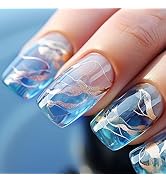 Medium Press on Nails Blue Fake Nails Square False Nails with Gold Foil and Sea Designs Glue on N...