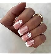 24Pcs White French Tips Press on Nails Short Square Fake Nails with 3D Flower Rhinestone Design N...