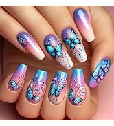 Spring Press on Nails Long Ballet Fake Nails with Blue Butterfly Designs False Nails Glossy Glue ...