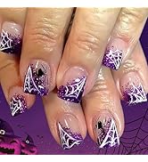 Halloween Press on Nails Short Square Fake Nails with Spider Web Designs Spider Nails Press ons P...