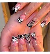 24Pcs Handmade Duck Press on Nails Medium Fake Nails Leopard French Tip False Nails with Flower P...