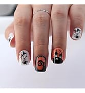Cute Halloween Nails Short Square, White & Orange Fake Nails with Cute Ghost & Haunted Castle & S...
