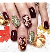 24Pcs Thanksgiving Press ons Fingernails Maple Leaf Press on Nails Glossy Pink Gradient Medium Sq...