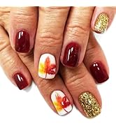 24 Pcs Fall Maple Press on Nails Gradient Maple Acrylic Fake Nails Short Square Glossy Gold Glitt...