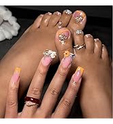 48 Pcs Yellow French Tips Press on Finger Toe Medium Short Square Fake Nails with Bee Flower Rhin...