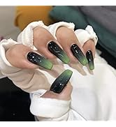 Long Press on Nails Coffin Fake Nails with Dark Green Gradient French Design False Nails Acrylic ...