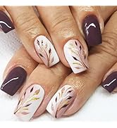 Fall Leaves Gel Glue on Acrylic Fake Nails Glossy Gold Glitter Medium Square False Nail Maple Lea...