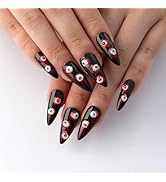 Mivota Halloween Press on Nails Almond medium, Black Fake Nails with 3D Bloodshot Eyeball Designs...