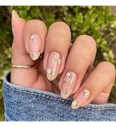 24Pcs Flower Press on Nails Medium Almond with Daisy Flower French Tip Nude Pink Design Full Cove...