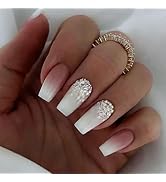 Acrylic Press on Nails Medium Coffin Fake Nails Glossy Glue on Nails White Pink Gradient Acrylic ...