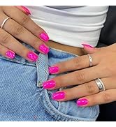 Hot Pink Press on Nails Short Square, KQueenest Gel Fake Nails Short Coffin Pure Bright Color Nat...