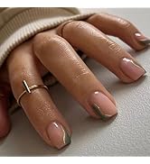 Summer Press On Nails Short Square Nude Fake Nails Green with Silver Stripes Fake Nails Fashion G...