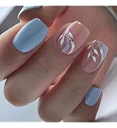 24 Pcs Short Square Fake Nails Blue French Tip Press on Nails Summer Acrylic Glossy False Nails w...