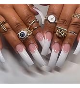 20Pcs Extra Long Curved Press on Nails French Tip Fake Nails with Glue White Square False Nails C...