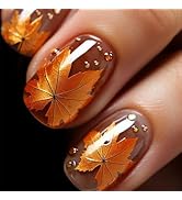 Maple Leaf Press on Nails 24Pcs Glossy Gold Glitter Short Square False Nail Autumn Rhinestones St...