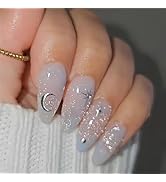 24Pcs Sparkling Moon Stars Press on Nails Medium Long Almond Fake Nails Glitter Gradient Blue Des...