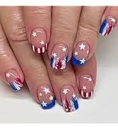 4th of July French Press on Nails Independence Day Short Square Fake Nails with Red Blue White St...