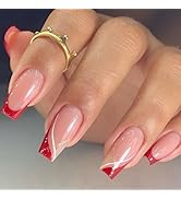 PureGlow Co Medium Press on Nails Long Square Acrylic False Nails Red French Tip Glitter Curve St...