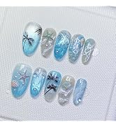 30Pcs Almond Press on Nails Medium Fake Nails with Coconut Tree Shell Starfish Pearl Design Ocean...