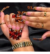 20Pcs Long Curved Press on Nails French Tip Fake Nails Fall Leopard False Nails with Golden Steel...