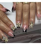 Medium Press on Nails Square Fake Nails Black French Tip Nails Press ons Glossy Glue on Nails Gol...