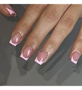 30Pcs Pink French Tip Press on Nails Short Square Nails Press ons, Short Fake Nails Coffin Acryli...