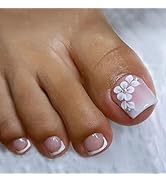 Press on Toenails Short Square Fake ToeNails with Flower Rhinestones Designs White French Toe Nai...