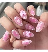 Pink Press on Nails Almond Fake Nails Medium False Nails with Heart Star Design Glue on Nails 3D ...