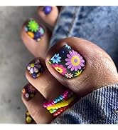 24 Pieces Summer Flower Press-On Toenails Short Square Black False Toenails Colorful Floral Patte...