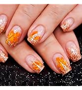 24 Pcs Fall Maple Press on Nails Gold Glitter Acrylic Fake Nails Medium Square Glossy Orange Leav...