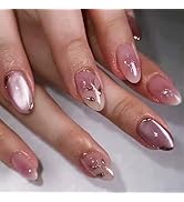 24Pcs Sparkling Press on Nails Pink Glossy Short Almond Fake Nails Glitter Rose Designs False Nai...
