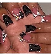 30Pcs Black Duck Press on Nails Short French Tip Fake Nails with Colour Glitter Design Cute Bow F...