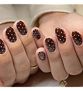Short Press on Nails Oval - Brown Fake Nails with Polka Dot Design - Cute Glossy Full Cover Stick...