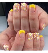 Yellow French Tip Press on Nails with Flower Designs Short Square Fake Nails Spring Daisy Flower ...