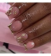Gold French Tip Press on Fake Nails Short Square False Nails with 3D Golden Starburst Design Gols...