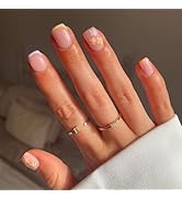 French Tricolor Short Square Press on Nails, Summer False Nails with Cute Fflower Pink Design, Gl...