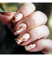 Maple Leaf Press on Nails 24Pcs Glossy Gold Glitter Medium Square False Nail Thanksgiving Press o...