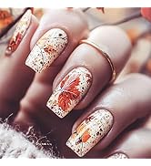 Thanksgiving Stick on Nail 24Pcs Maple Leaf Press on Nails Fall Leaves Press ons Fingernails Glos...