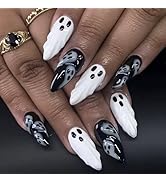 30Pcs Halloween Ghost Press on Nails Medium Almond Fake Nails Halloween False Nails with 3D Ghost...