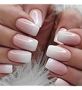 24 pcs Pink French Tip Gradient Press on Nails Medium Square Fake Nails with Natural Ombre Design...
