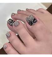 Silver Glitter Toe Press on Nails Short Square Fake Toe Nails with Cute Bow Designs False Toenail...
