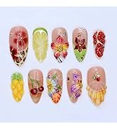 30Pcs Handmade Press on Nails Medium Almond Fake Nails 3D Colorful Summer Hibiscus Cherry Fruit F...