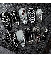 30Pcs Halloween Y2k Press on Nails Medium Almond French Tip Fake Nails Spider Web False Nails wit...