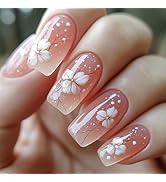 Pink Gradient Press on Nails Medium Square Fake Nails with Flower Pattern Design Spring Summer Ac...